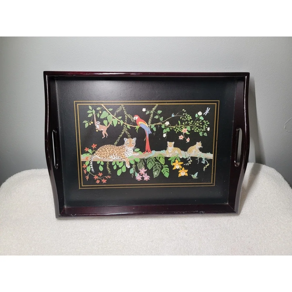 Lynn Chase Jaguar Jungle Wooden Tray w/ Handles 16 X‎ 12